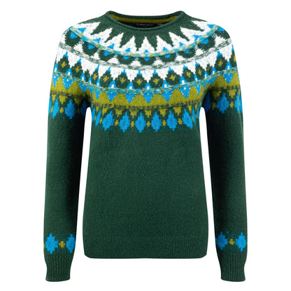Main front view of a women's Weird Fish knitted Lowell jumper in Bottle Green, with a Fair Isle pattern across the chest and shoulders.