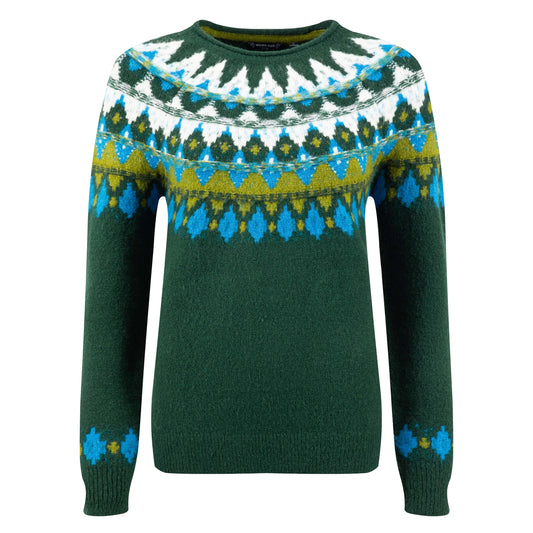 Main front view of a women's Weird Fish knitted Lowell jumper in Bottle Green, with a Fair Isle pattern across the chest and shoulders.