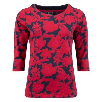 Main front view of a womens Weird Fish three-quarter sleeve Pinto t-shirt in Cranberry with a bold floral pattern.