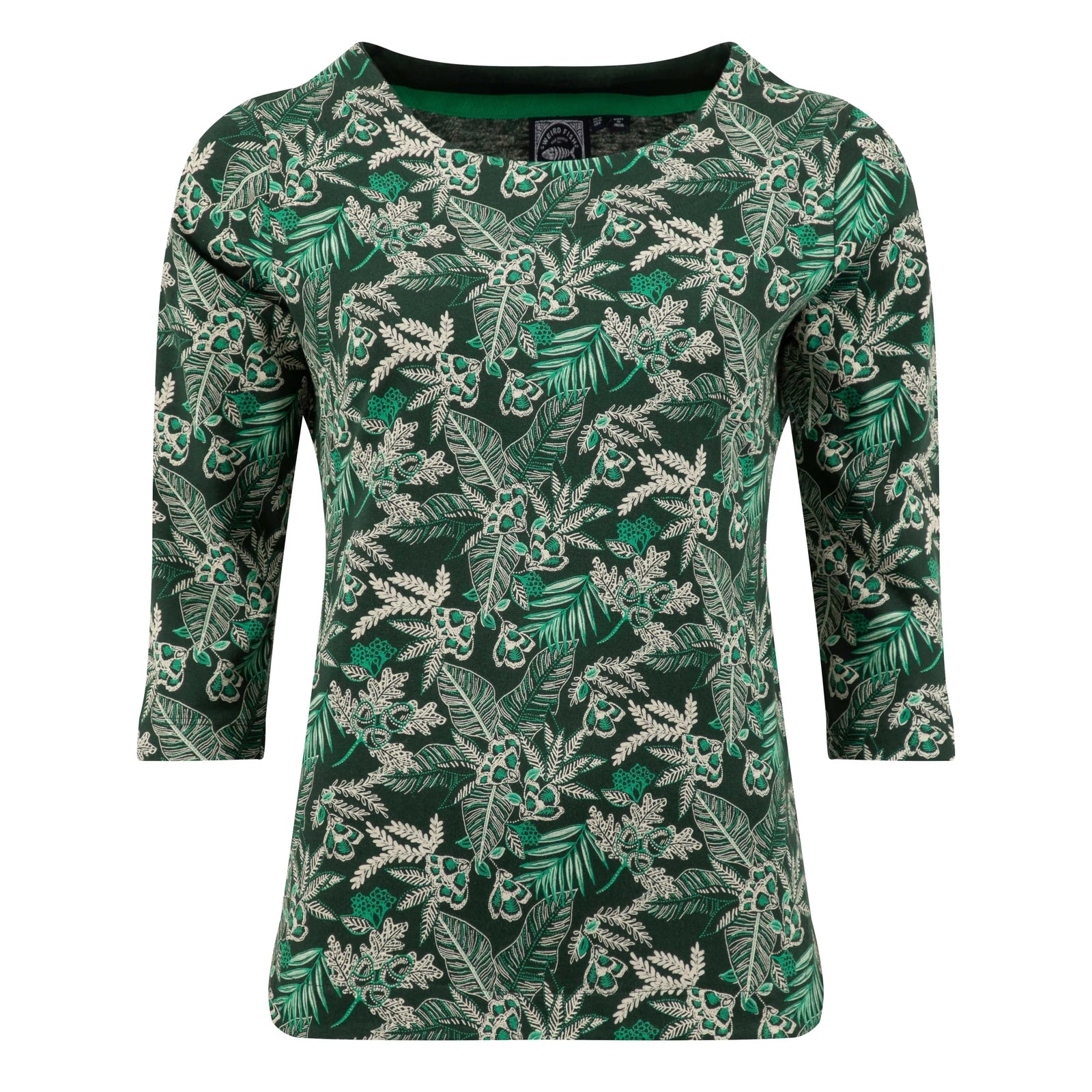 Front view of a womens Weird Fish three-quarter sleeve Pinto t-shirt in Laurel Green with a leafy floral pattern.
