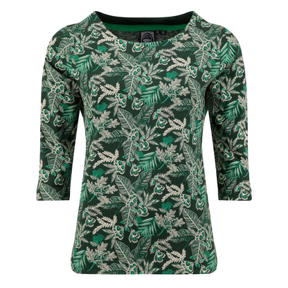 Front view of a womens Weird Fish three-quarter sleeve Pinto t-shirt in Laurel Green with a leafy floral pattern.