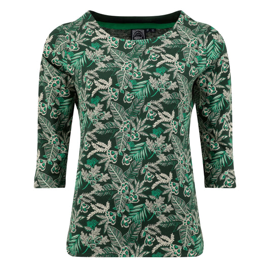 Front view of a womens Weird Fish three-quarter sleeve Pinto t-shirt in Laurel Green with a leafy floral pattern.