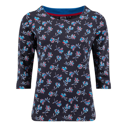 Main front view of a womens Weird Fish three-quarter sleeve Pinto t-shirt in Midnight navy with a red and blue floral pattern.