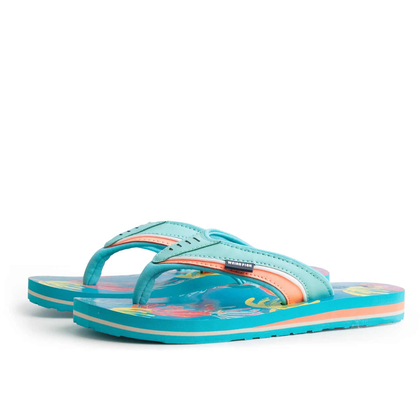 Side view of a pair of Weird Fish women's Thurleston flip flops in Azure Blue, with a bright abstract floral pattern on the footbed.