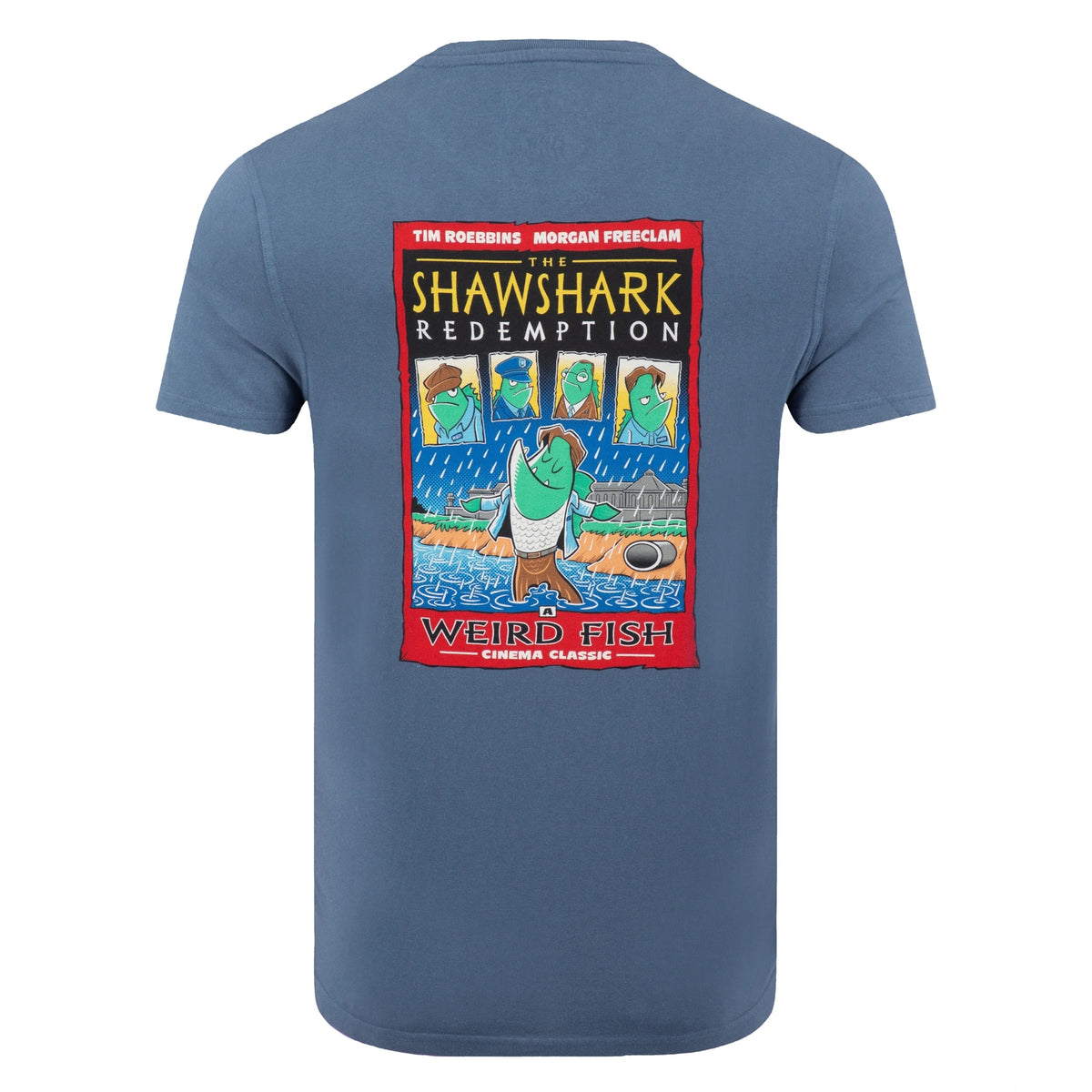 Main view of a Weird Fish men's short sleeve t-shirt in Ensign Blue, featuring a large Shawshark Redemption parody print of The Shawshank Redemption film poster.