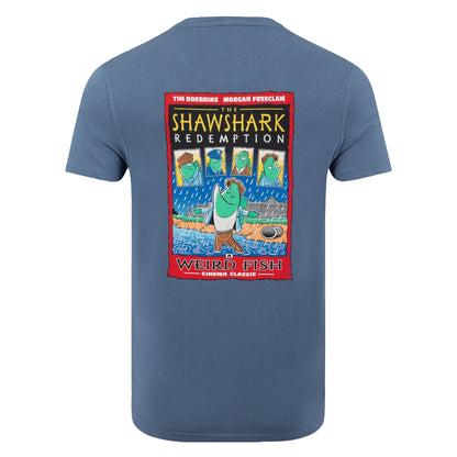 Main view of a Weird Fish men's short sleeve t-shirt in Ensign Blue, featuring a large Shawshark Redemption parody print of The Shawshank Redemption film poster.