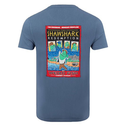 Main view of a Weird Fish men's short sleeve t-shirt in Ensign Blue, featuring a large Shawshark Redemption parody print of The Shawshank Redemption film poster.