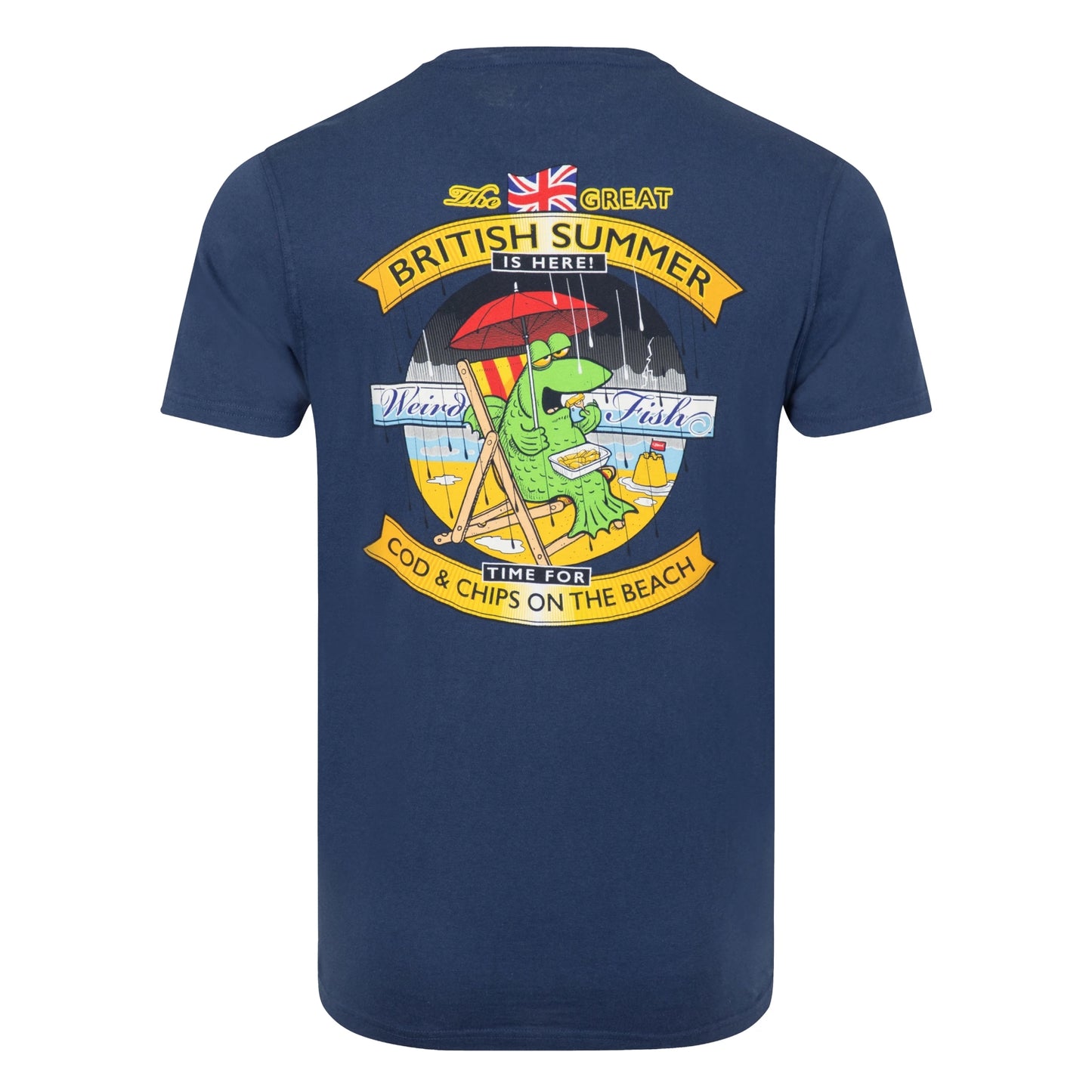 Main view of a Weird Fish mens Cod and Chips print short sleeve t-shirt in Dark Blue with large print on the back