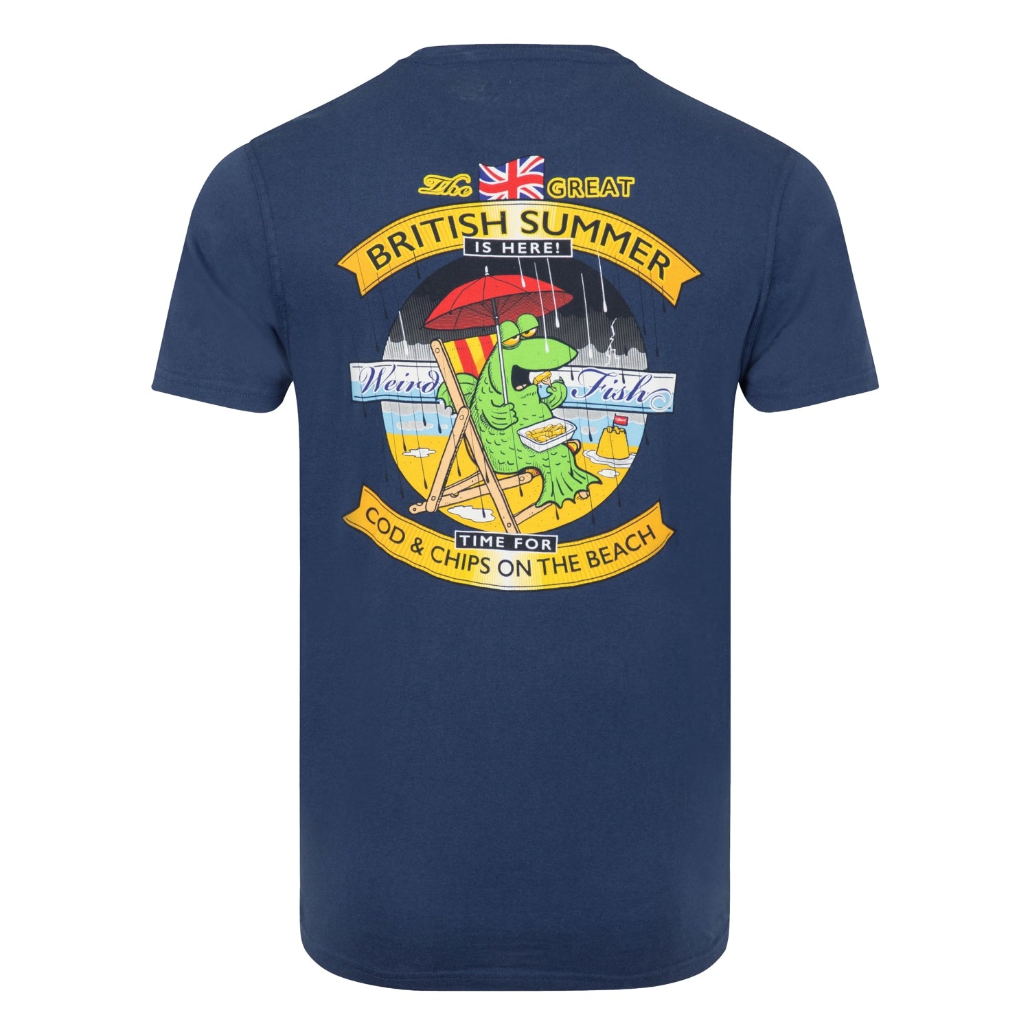 Main view of a Weird Fish mens Cod and Chips print short sleeve t-shirt in Dark Blue with large print on the back