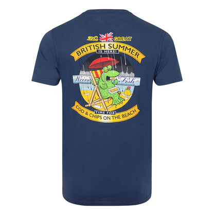 Main view of a Weird Fish mens Cod and Chips print short sleeve t-shirt in Dark Blue with large print on the back