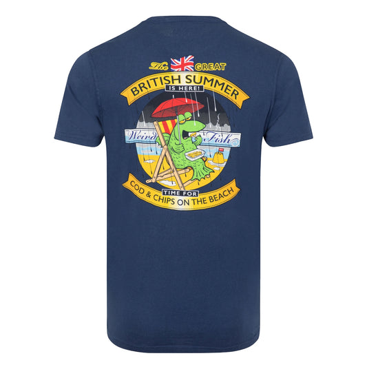 Main view of a Weird Fish mens Cod and Chips print short sleeve t-shirt in Dark Blue with large print on the back