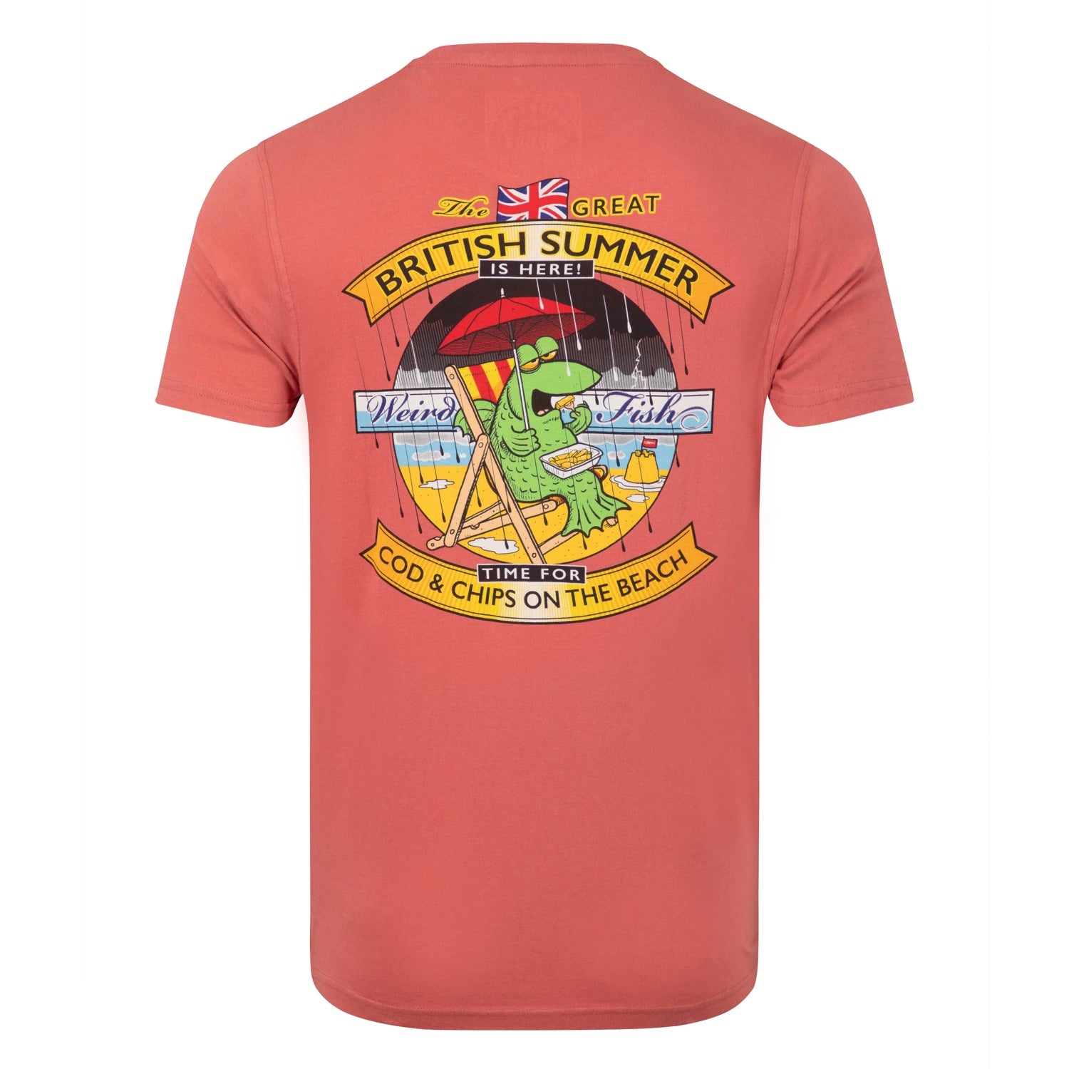 Main view of a Weird Fish mens Cod and Chips print short sleeve t-shirt in Nantucket Red with large print on the back