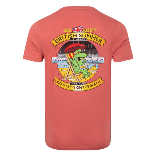 Main view of a Weird Fish mens Cod and Chips print short sleeve t-shirt in Nantucket Red with large print on the back