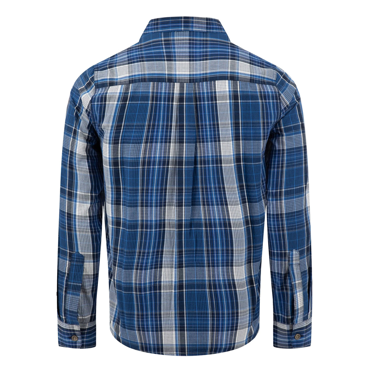 Back view of a mens Weird Fish long sleeve Lando shirt, in a navy, blue and white check pattern.