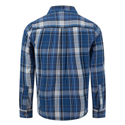 Back view of a mens Weird Fish long sleeve Lando shirt, in a navy, blue and white check pattern.