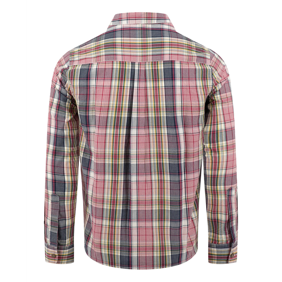 Back view of a mens Weird Fish long sleeve Lando shirt, in a crushed berry, navy, yellow and white check pattern.