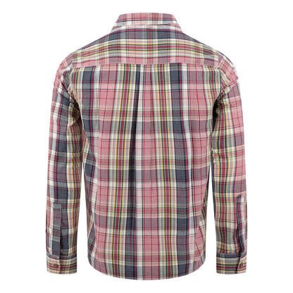 Back view of a mens Weird Fish long sleeve Lando shirt, in a crushed berry, navy, yellow and white check pattern.
