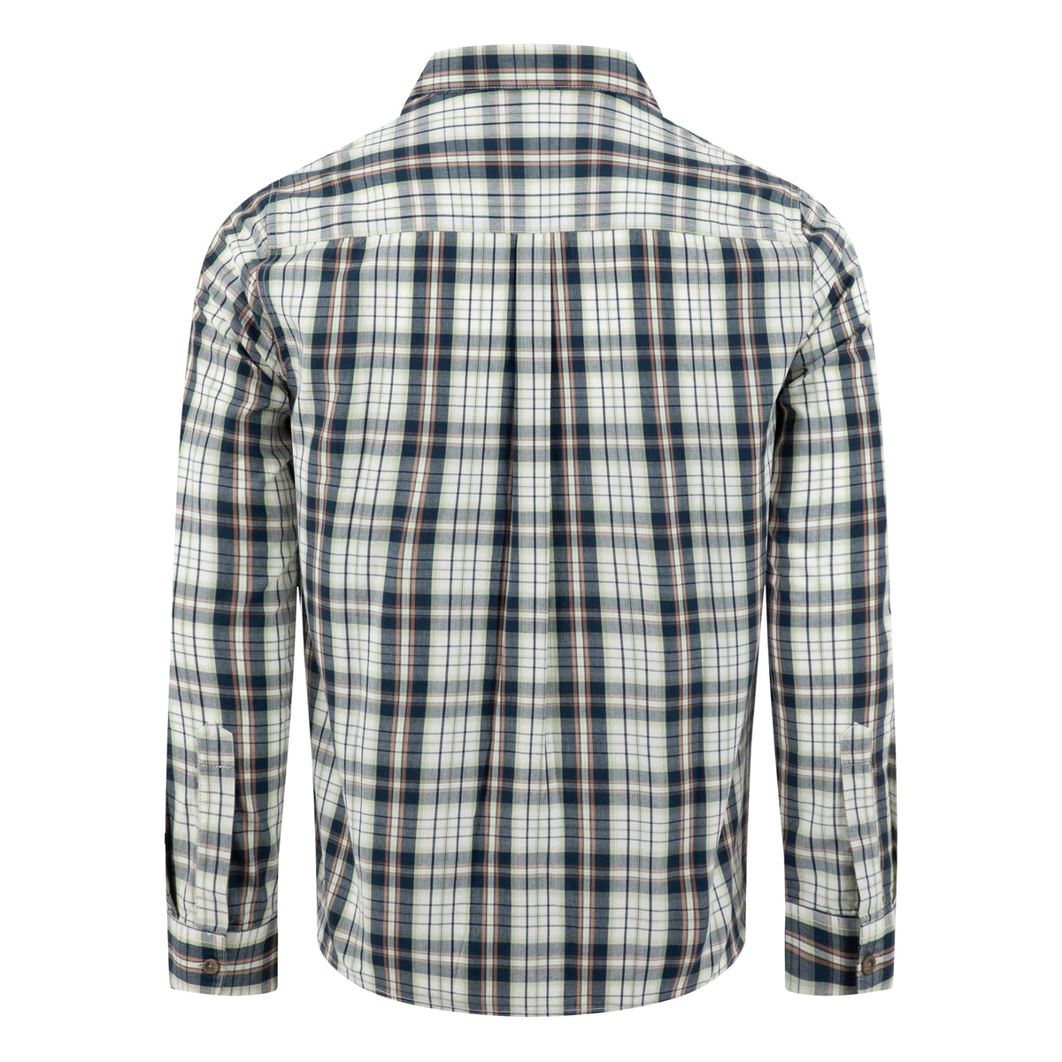 Back view of a mens Weird Fish long sleeve Lando shirt, in Off White with a navy, green and orange check pattern.