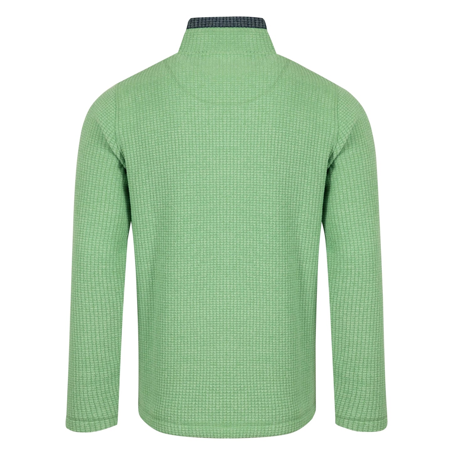 Back view of a mens Weird Fish 1/4 zip Newark grid fleece in grass green with contrast neckline