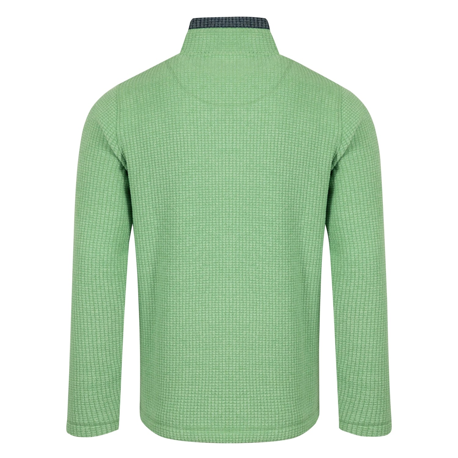 Back view of a mens Weird Fish 1/4 zip Newark grid fleece in grass green with contrast neckline