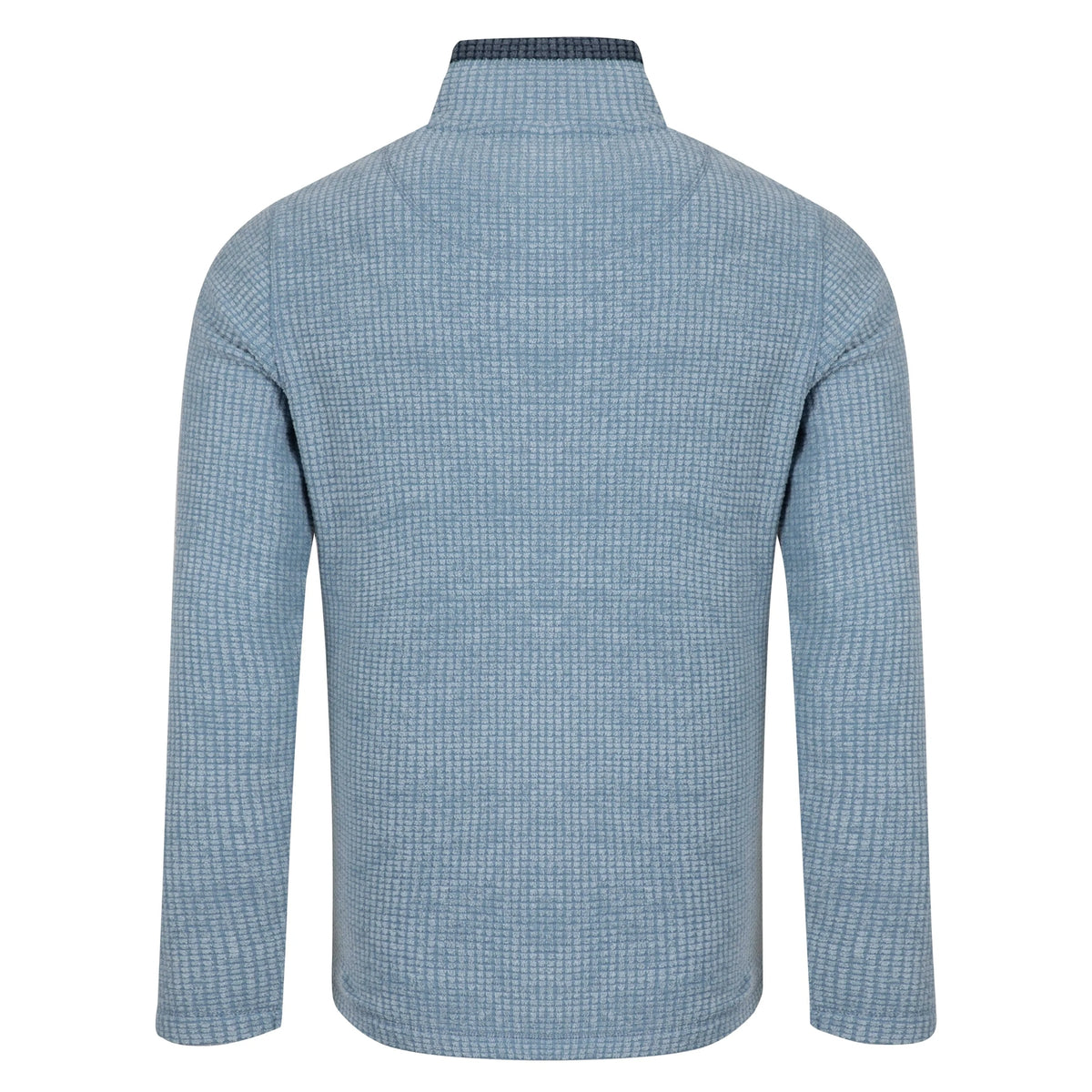 Back view of a mens Weird Fish 1/4 zip Newark grid fleece in light blue with contrast neckline
