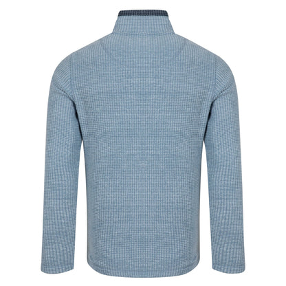 Back view of a mens Weird Fish 1/4 zip Newark grid fleece in light blue with contrast neckline
