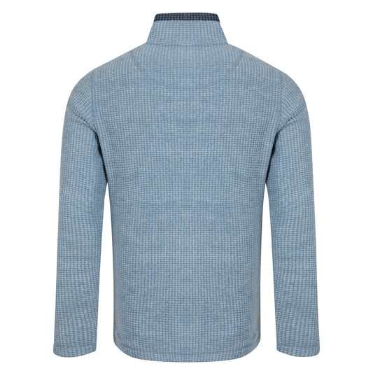 Back view of a mens Weird Fish 1/4 zip Newark grid fleece in light blue with contrast neckline
