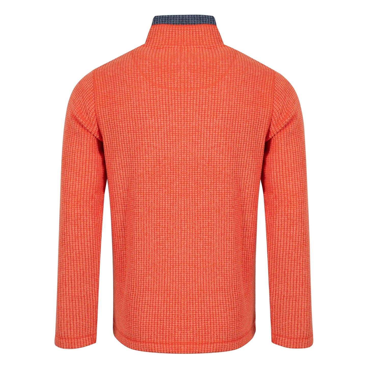 Back view of a mens Weird Fish full zip Shires grid textured fleece in bright Orange Spice with contrasting navy neckline