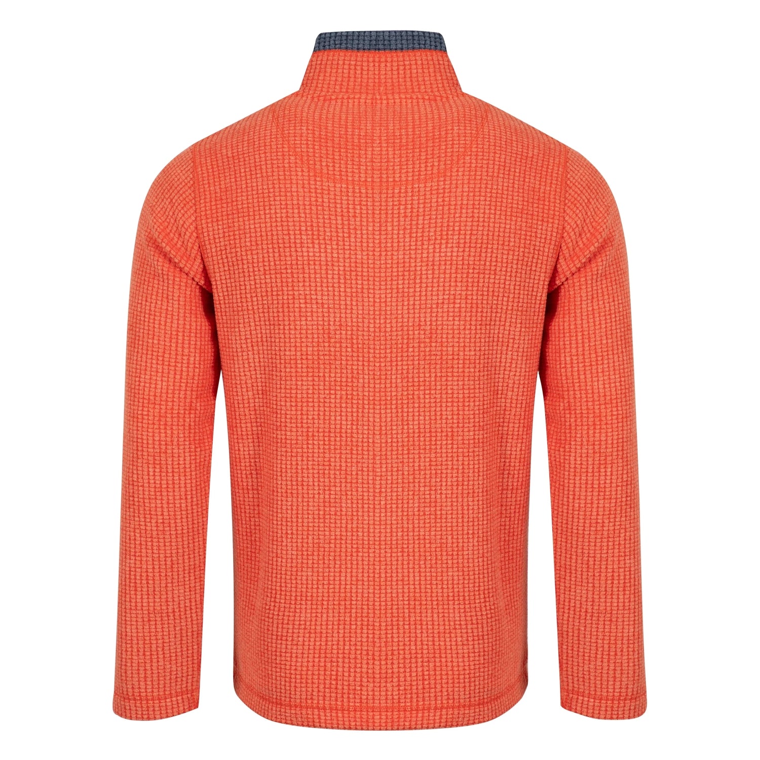 Back view of a mens Weird Fish full zip Shires grid textured fleece in bright Orange Spice with contrasting navy neckline