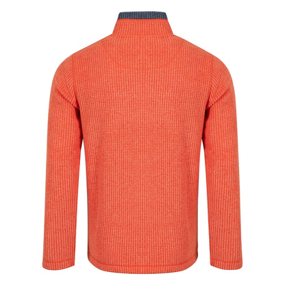 Back view of a mens Weird Fish full zip Shires grid textured fleece in bright Orange Spice with contrasting navy neckline