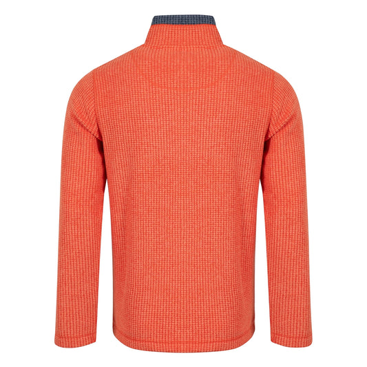 Back view of a mens Weird Fish full zip Shires grid textured fleece in bright Orange Spice with contrasting navy neckline