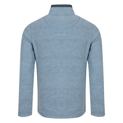 Back view of a mens Weird Fish full zip Shires grid textured fleece in Light Blue with contrasting navy neckline