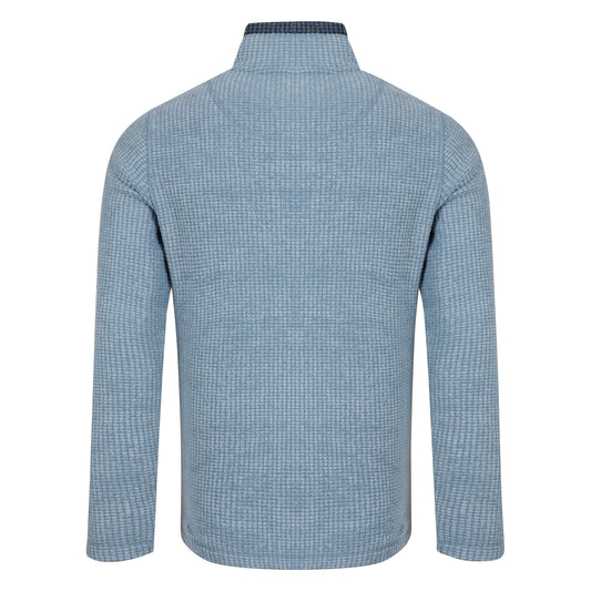 Back view of a mens Weird Fish full zip Shires grid textured fleece in Light Blue with contrasting navy neckline