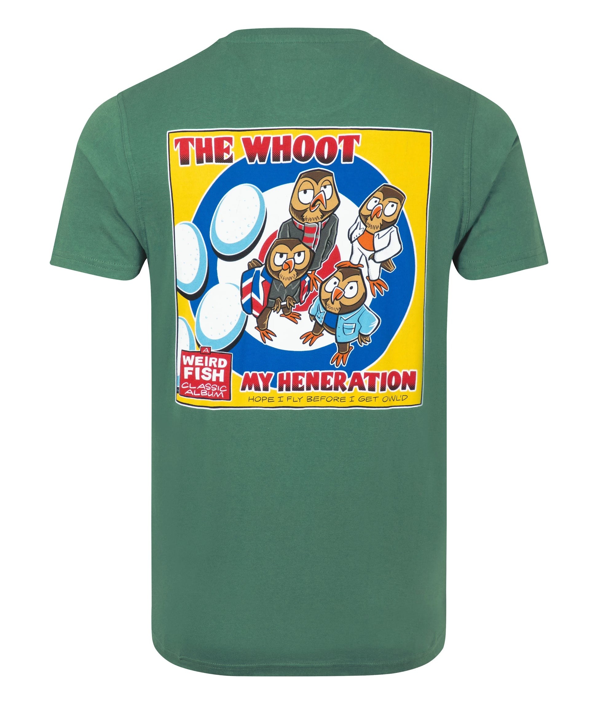 Back view of the large print on the back of a men's Weird Fish short sleeve The Whoot 'My Heneration' printed t-shirt in Dusky Green