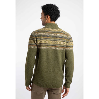 Back view of a man wearing a Weird Fish 1/4 zip Larner knitted jumper in Winter Green with a Fair Isle pattern across the chest and shoulders with brown trousers.