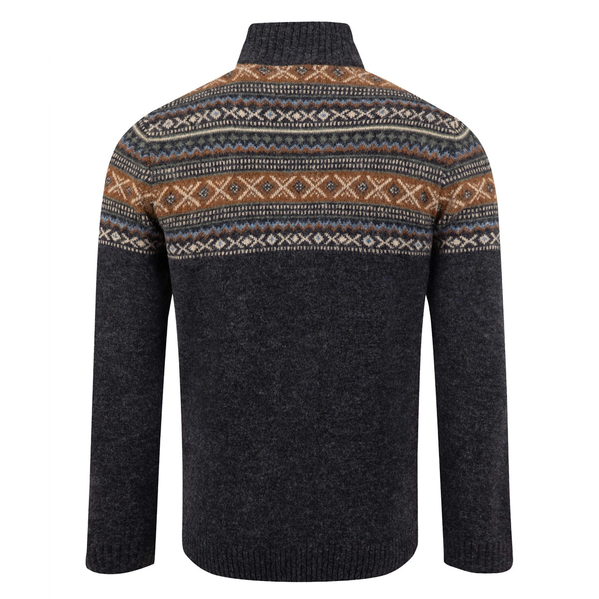 Back view of a mens Weird Fish 1/4 zip Larner knitted jumper in Midnight Navy with a Fair Isle pattern across the chest and shoulders.