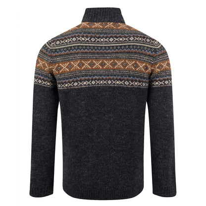 Back view of a mens Weird Fish 1/4 zip Larner knitted jumper in Midnight Navy with a Fair Isle pattern across the chest and shoulders.