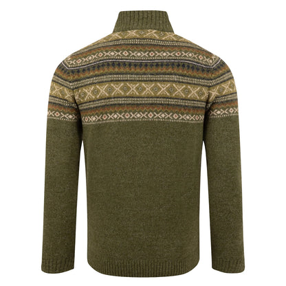 Back view of a mens Weird Fish 1/4 zip Larner knitted jumper in Winter Green with a Fair Isle pattern across the chest and shoulders.