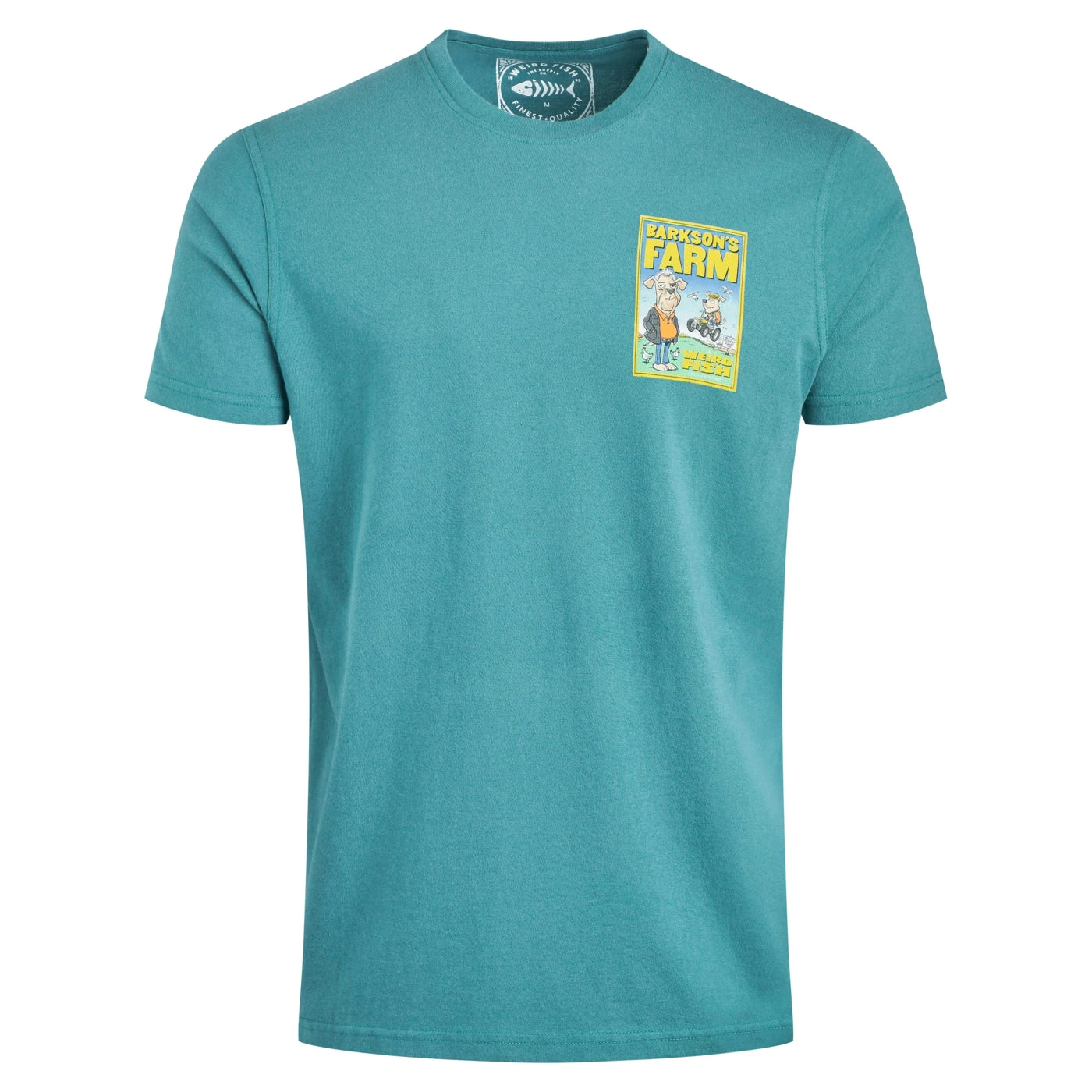 Teal Weird Fish Barksons Farm t-shirt with a print on the chest against a white background