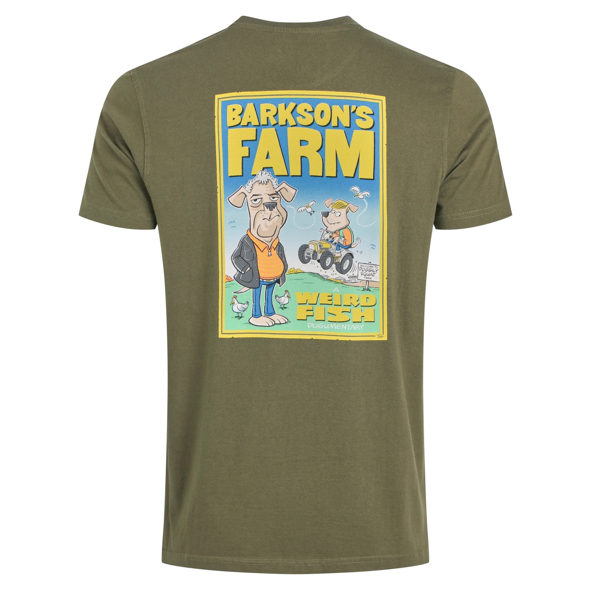 Main view of the Weird Fish mens Barksons Farm tee in green with cartoon farm animal graphic on back