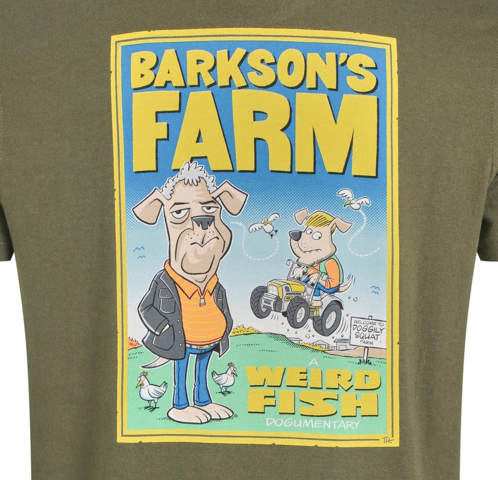 Weird Fish mens Barksons Farm tee green with cartoon dog farm graphic and bold yellow text