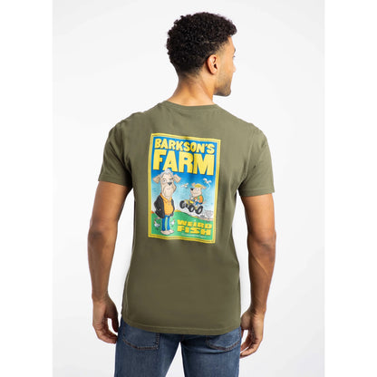 Main view of the Weird Fish mens Barksons Farm tee in green with cartoon farm graphic on the back