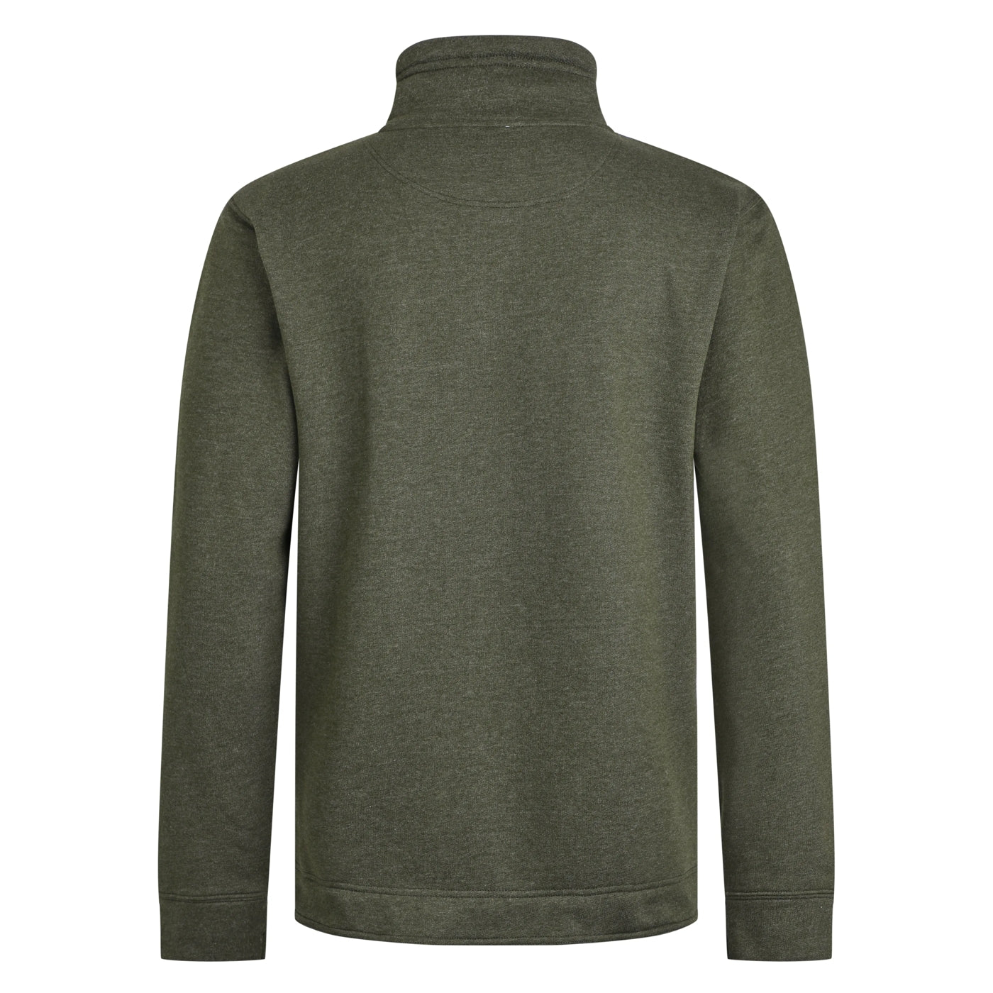 Back view of a Weird Fish green 1/4 zip sweatshirt on a white background