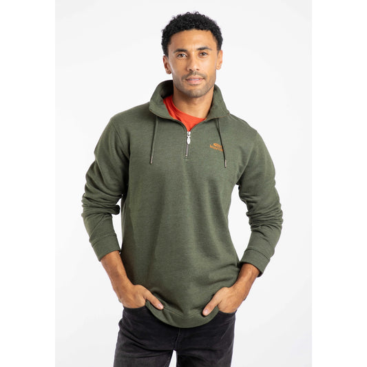 Man wearing a Weird Fish Fir Green Brampton sweatshirt with a brand logo on a white background