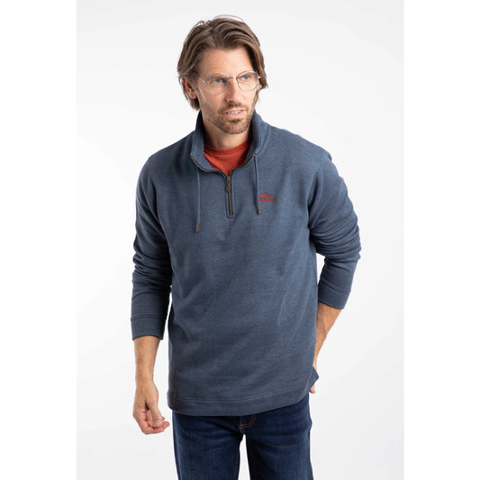 Man wearing a Weird Fish navy blue Brampton pullover with a logo on a white background