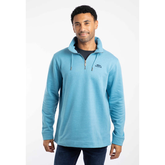 Man wearing a Weird Fish Smoked Blue Brampton pullover sweatshirt with a logo on a white background