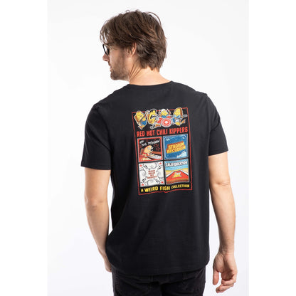 Back view of a man wearing a Weird Fish mens short sleeve Chili Kippers t-shirt in black with a large Red Hot Chili Kippers album themed print on the back