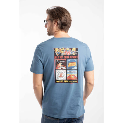 Back view of a man wearing a Weird Fish mens short sleeve Chili Kippers t-shirt in Washed Blue with a large Red Hot Chili Kippers album themed print on the back