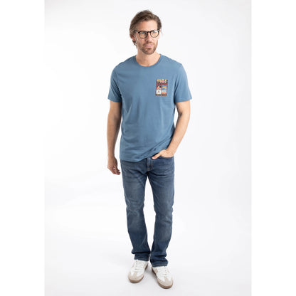Man wearing a Weird Fish mens short sleeve Chili Kippers t-shirt in Washed Blue with jeans and white trainers.