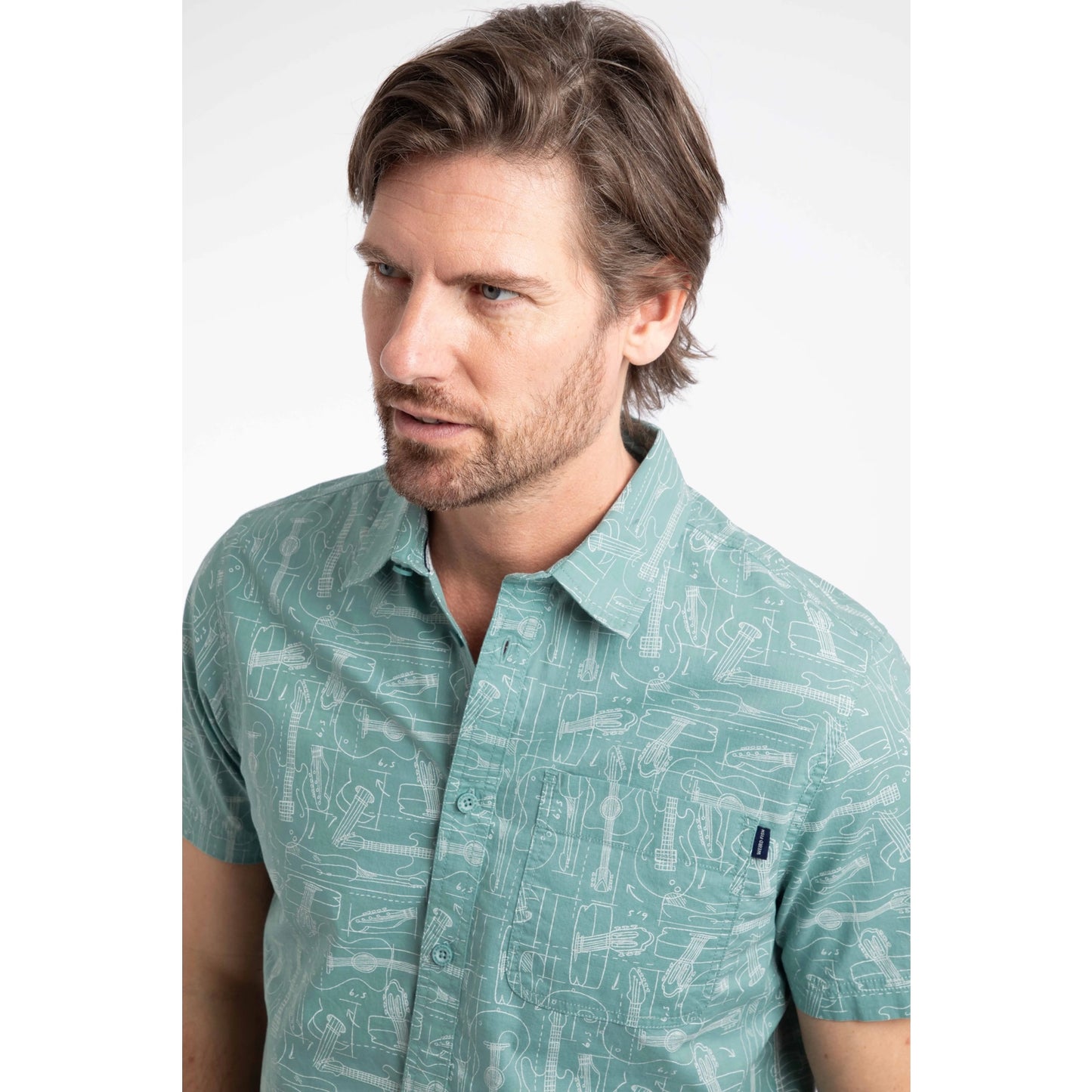 Weird Fish Mens Faraway Guitar Print Short Sleeve Shirt - Mineral Blue